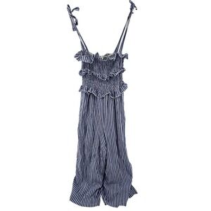 Tee Ink Jumpsuit Womens 4 Blue Striped Smocked Tie Shoulder Ruffle Wide Leg